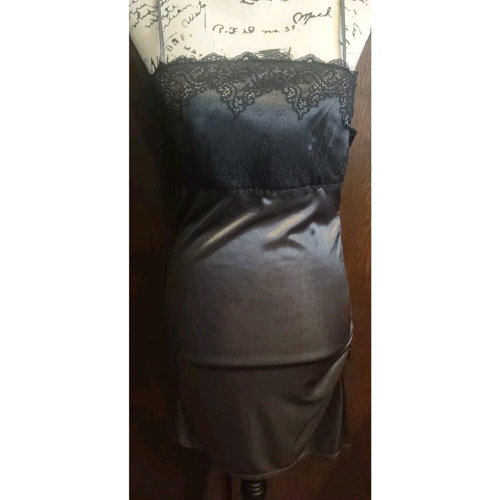 Vintage Gray Satin Black Lace Negligee Whimsigoth Witchy Babydoll Size Medium